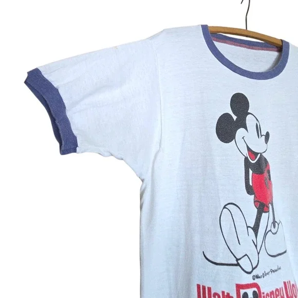Vintage 70s Walt Disney World Ringer T-Shirt Mickey Mouse Single Stitch White...